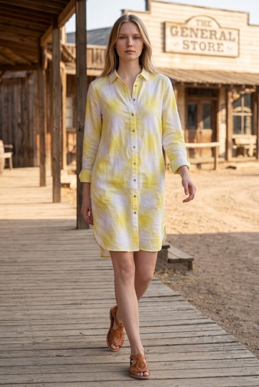 Chicos Womens Linen Long Sleeve Button Front Dress XL 16 Butter Yellow White